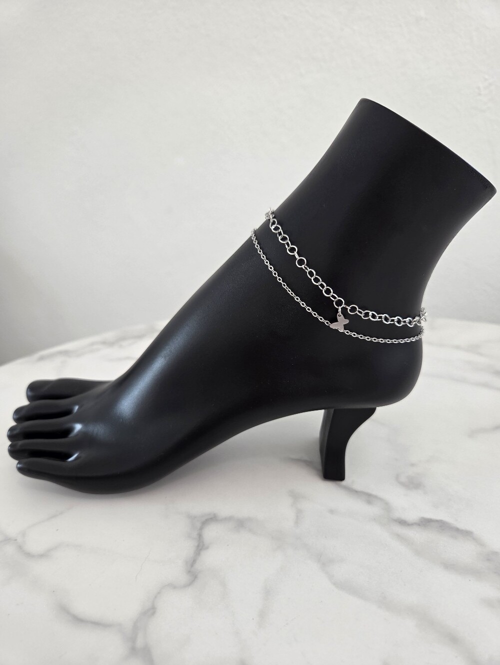 Silver Layered Butterfly Anklet Adjustable Double Chain Ankle Bracelet - Picture 4 of 12